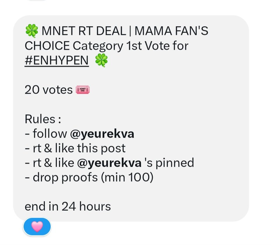 trishvotes's tweet photo. 🍀 MNET RT DEAL | MAMA FAN'S CHOICE Category 1st Vote for #ENHYPEN  🍀

20 votes 🎟

Rules :
- follow @yeurekva
- rt &amp; like this post
- rt &amp; like @yeurekva 's pinned
- drop proofs (min 100)

end in 24 hours https://t.co/IpwaRIlAQy