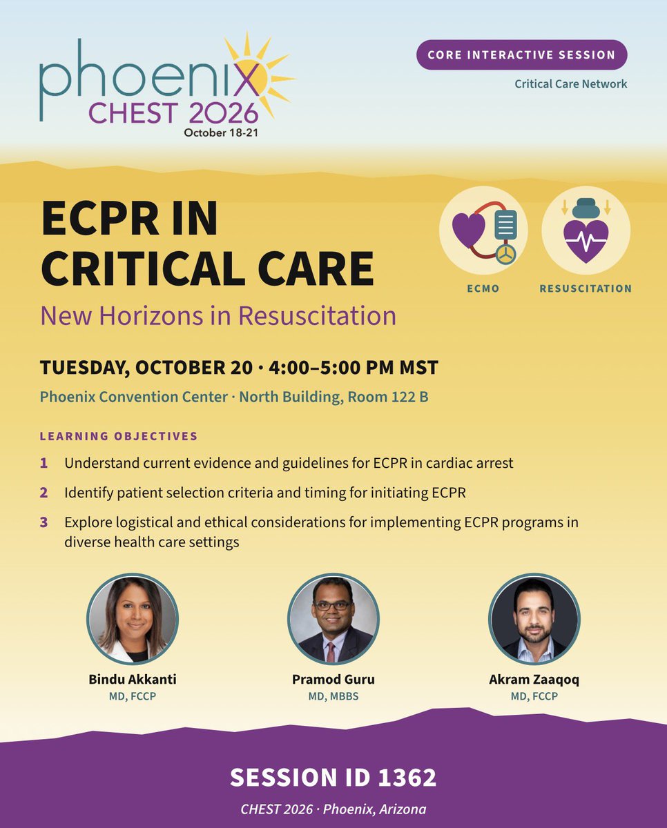 pkguru10's tweet photo. 📣🏅Honored to share the stage with @akkanti Dr. Bindu Akkanti,and @AkramMZaaqoq Dr. Akram Zaaqoq.🙌😊

🗣️🗣️If you're at #CHEST2026 , @accpchest come say hello and bring your questions! 🙌🙌🙏
#ECPR #ECMO #CriticalCare #Resuscitation #CardiacArrest #PulmCC #MedEd #CHEST #Phoenix https://t.co/X4jphpSuMy