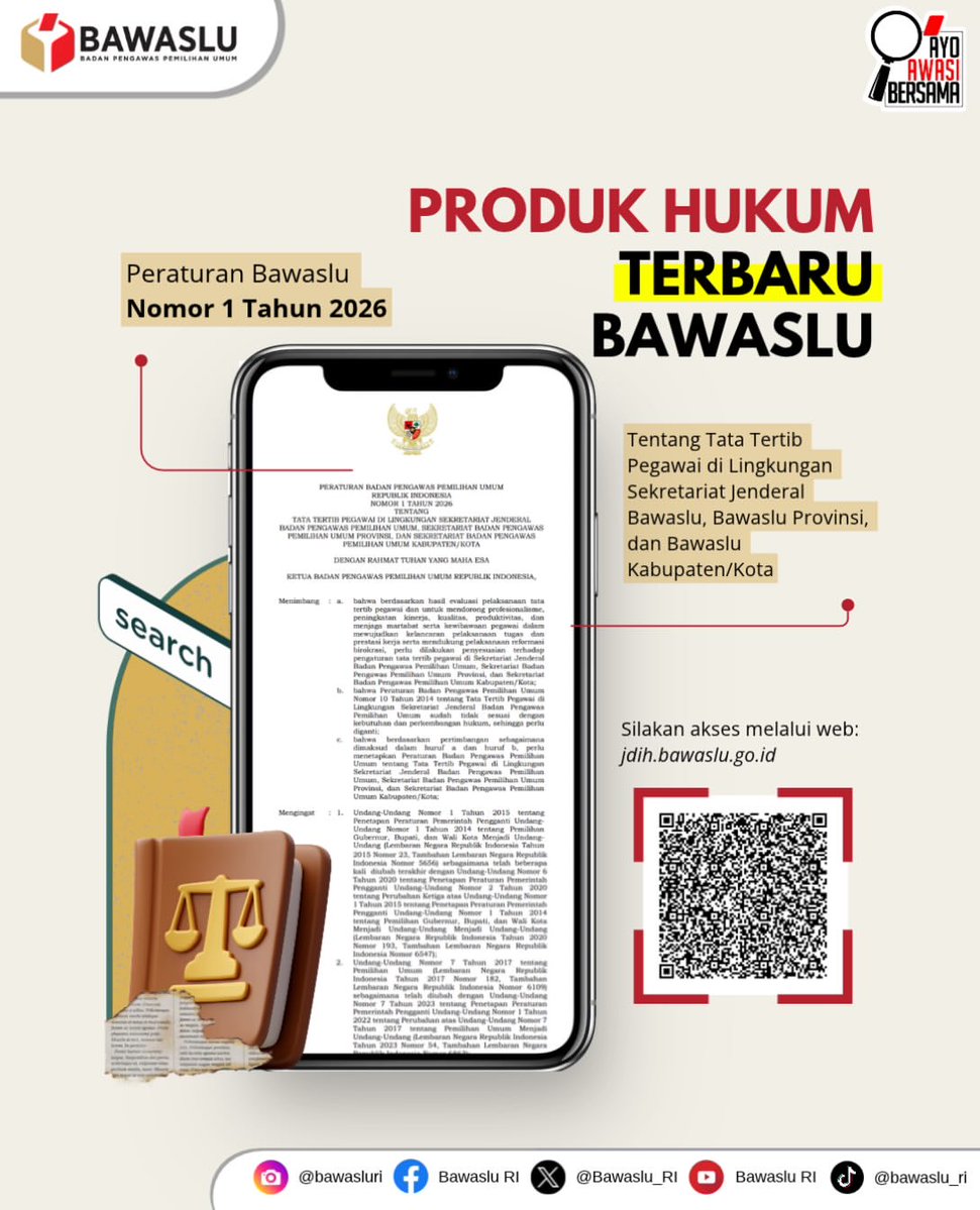 Bws_mabar09's tweet photo. #SahabatBawaslu, Peraturan Bawaslu (Perbawaslu) Nomor 1 Tahun 2026 tentang Tata Tertib Pegawai di Lingkungan Sekretariat Jenderal Bawaslu, Bawaslu Provinsi, dan Bawaslu Kabupaten/Kota sudah ada di JDIH Bawaslu.

Pindai barcode pada unggahan untuk mengunduhnya ya, sahabat 😉 https://t.co/uOzLegw2PO