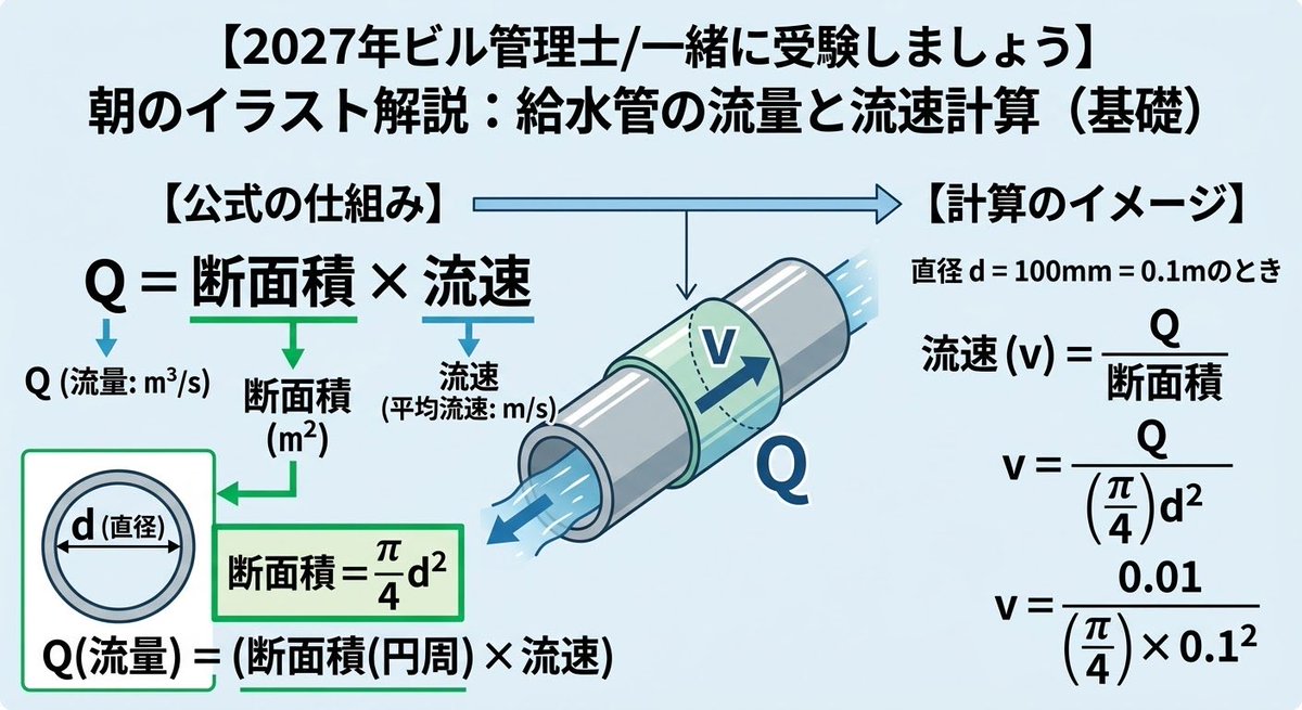 hide_tao66's tweet photo. 【2027年ビル管理士試験】朝の解法テクニック #15
テーマ：給水管の流量と流速の計算 https://t.co/jqODz5Ey6O