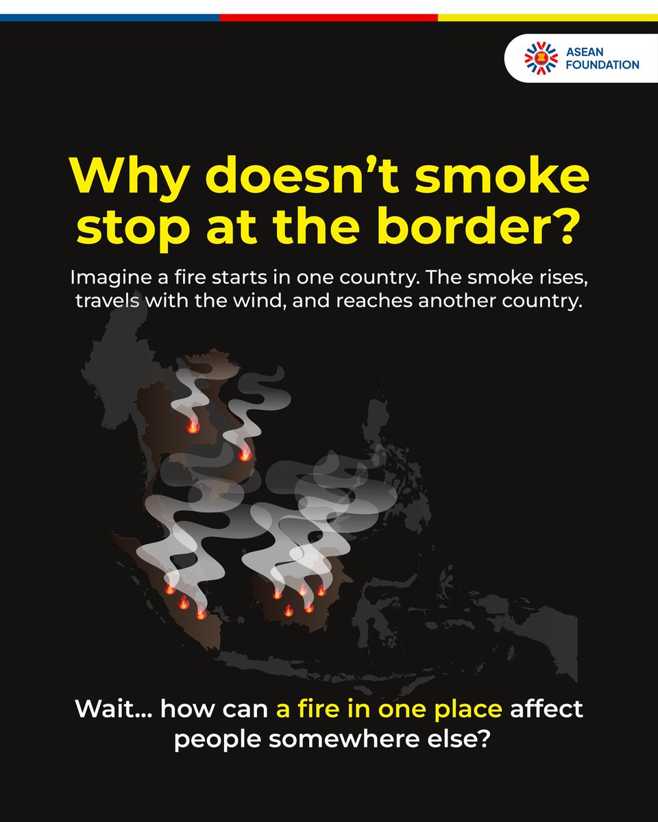 aseanfoundation's tweet photo. Why doesn't smoke stop at the border?
Imagine a fire starts in one country, but the smoke travels to another. People across the border can end up breathing the same smoky air! https://t.co/jfVmFLPmjr