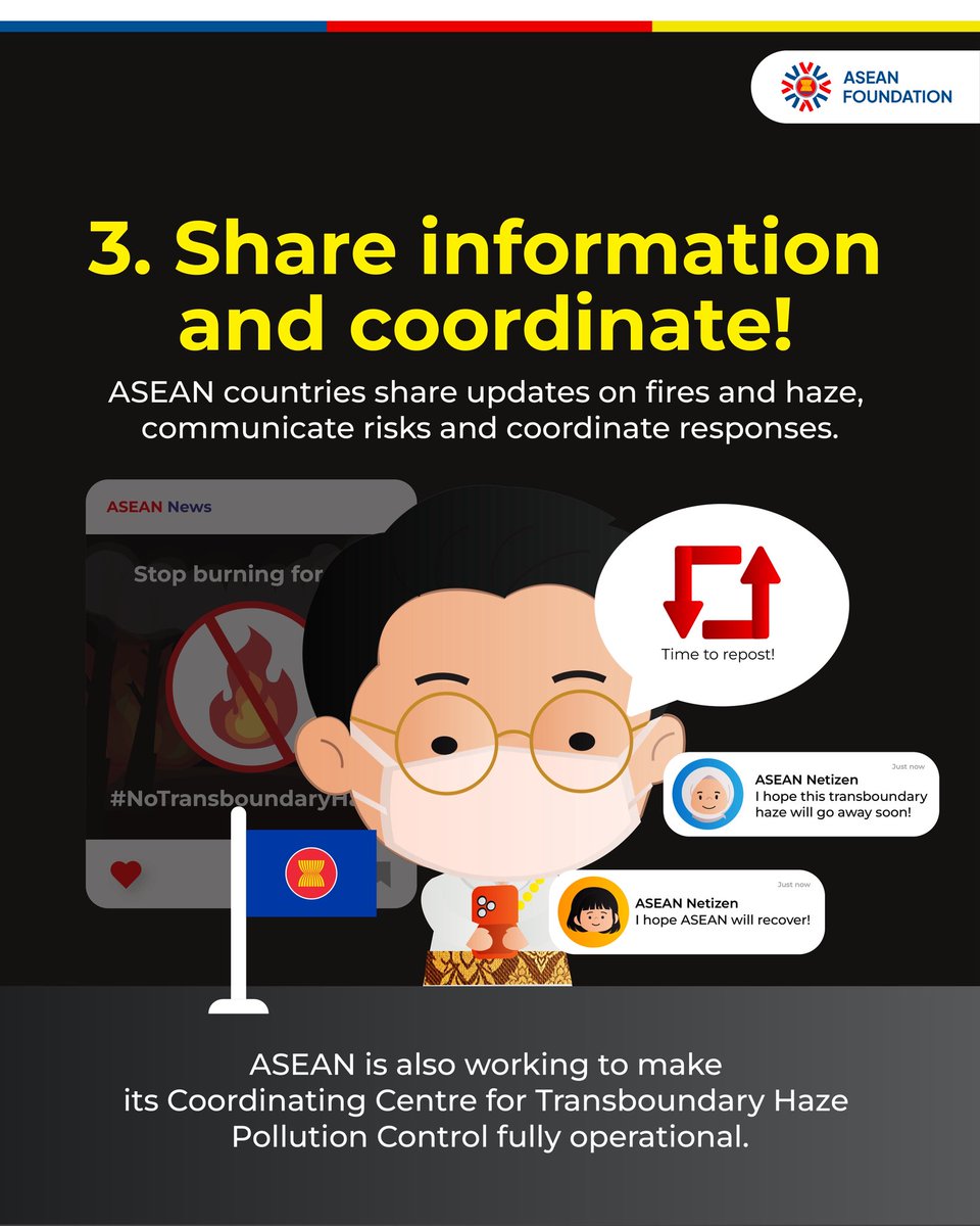 aseanfoundation's tweet photo. That's why ASEAN countries work together to prevent fires, monitor haze, share information and coordinate responses. Because smoke doesn't know borders, countries need to work together! 🤝 https://t.co/VYhD9ptgRy