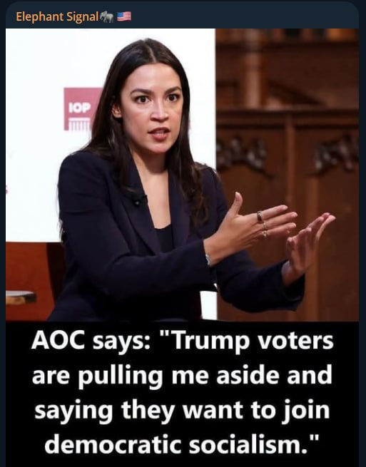 ElephantSignal's tweet photo. 🚨 POLITICAL REALIGNMENT DEBATE:

Representative Alexandria Ocasio-Cortez sparked intense online discussion after claiming that conservative voters have privately approached her expressing a desire to embrace democratic socialism.

Supporters of the progressive movement argue that populist economic anxieties and frustration with corporate power cut across traditional party lines, drawing working-class voters toward leftist economic policies.

Conversely, conservative critics and political analysts dismiss the claim as wishful thinking, pointing out that Trump voters remain firmly opposed to government expansion, higher taxes, and socialist governance.

Do you believe working-class conservative voters are increasingly open to socialist economic policies?

YES or NO?