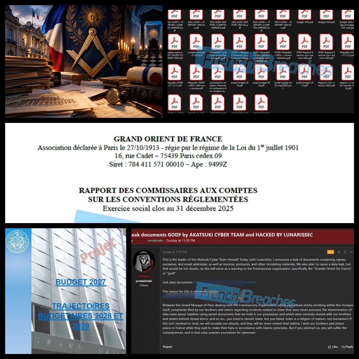 TheRubberDuck79's tweet photo. ‼️BREAKING‼️UNPRECEDENTED‼️

💥EUROPEAN ORDER OF FREEMASONRY SERVERS HACKED IN FRANCE💥

💥GRANDMASTERS & COUNCIL OF ORDER LEAKED💥

🛑 👉🏼 the largest and oldest continental freemasonic organization in all of Europe - the "Grand Orient of France" [GODF] - was hacked earlier today LEAKING 737 files, including 727 PDF documents totaling 9,069 pages exposing European Freemasonry at the highest ranks!!

🛑 👉🏼 THE LEAKED DATA spans from 2017 through 2026 and includes:

• activities of the Grand Master and the Council of the Order.

• internal private institutional publications.

• internal-only administrative and financial documents.

• list of named individuals; last names, first names, physical addresses and phone numbers associated with European Freemasonry.

• recordings of minutes of the Council of the Order's meetings; their deliberations and institutional decisions.

• budgets, annual accounts and financial reports.

• internal budgets, memos, emails and information specific to certain European lodges.

• work and documents from other European masonic lodges.

***developing story, more to come*** 

*sauce: https://t.co/r4xwGYa1dS