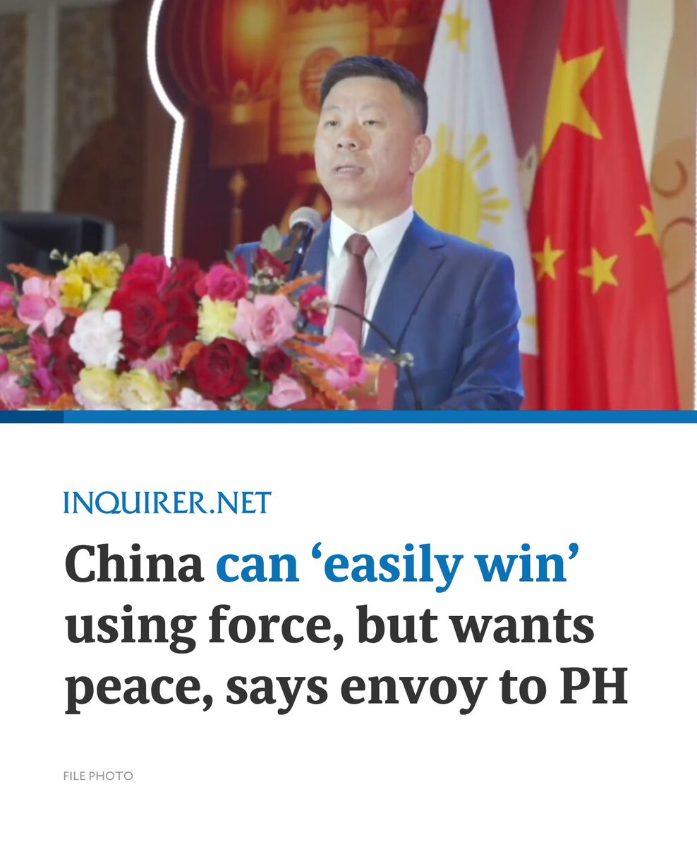 inquirerdotnet's tweet photo. Beijing’s ambassador to Manila on Thursday said China could “easily win” a military conflict with the Philippines, but it would not use force to settle maritime disputes between the two countries.

READ MORE: https://t.co/BwGKSRRnRs https://t.co/Q4U9xujWBW