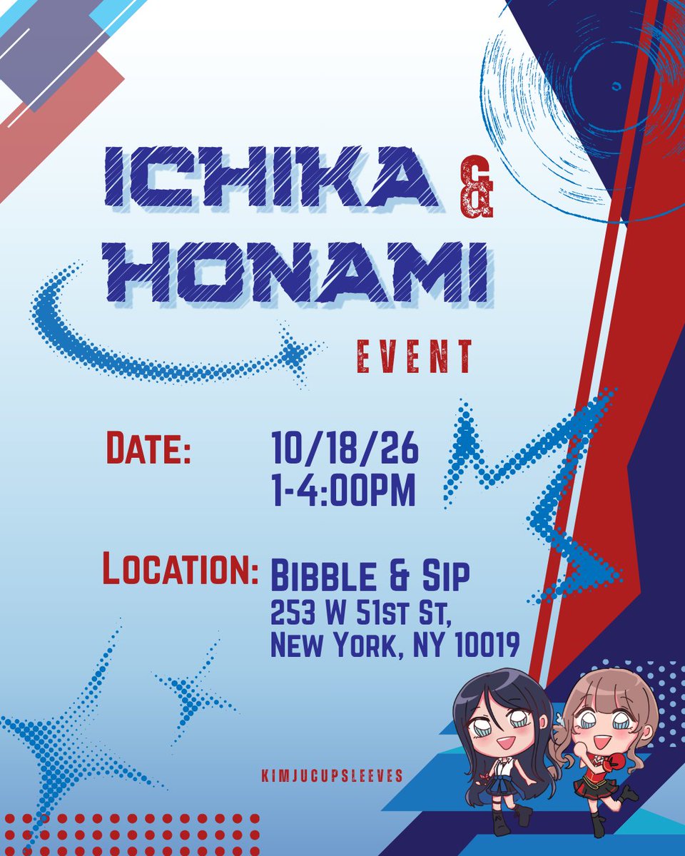 kimjucupsleeves's tweet photo. ✩‧₊˚ PROJECT SEKAI ICHIKA &amp; HONAMI EVENT

Join us for our Ichika &amp; Honami event! We'll have vendors, freebies, and giveaways— so please come stop by!

📅 October 18th | 1-4PM
📍Bibble &amp; Sip 
253 W 51st St, New York, NY 10019 https://t.co/giIeWhkvl7