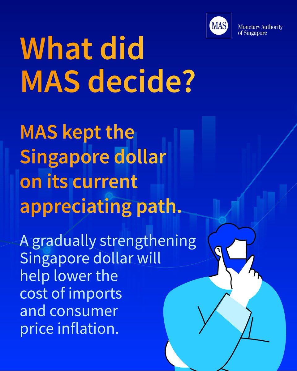 MAS_sg's tweet photo. #ICYMI: Why is MAS keeping the Singapore dollar on its current appreciating path? What are the prospects for growth and inflation, and what risks could affect the outlook?

Read the highlights from our latest monetary policy statement: https://t.co/QNrFxIveoY https://t.co/64Ch1StN3e