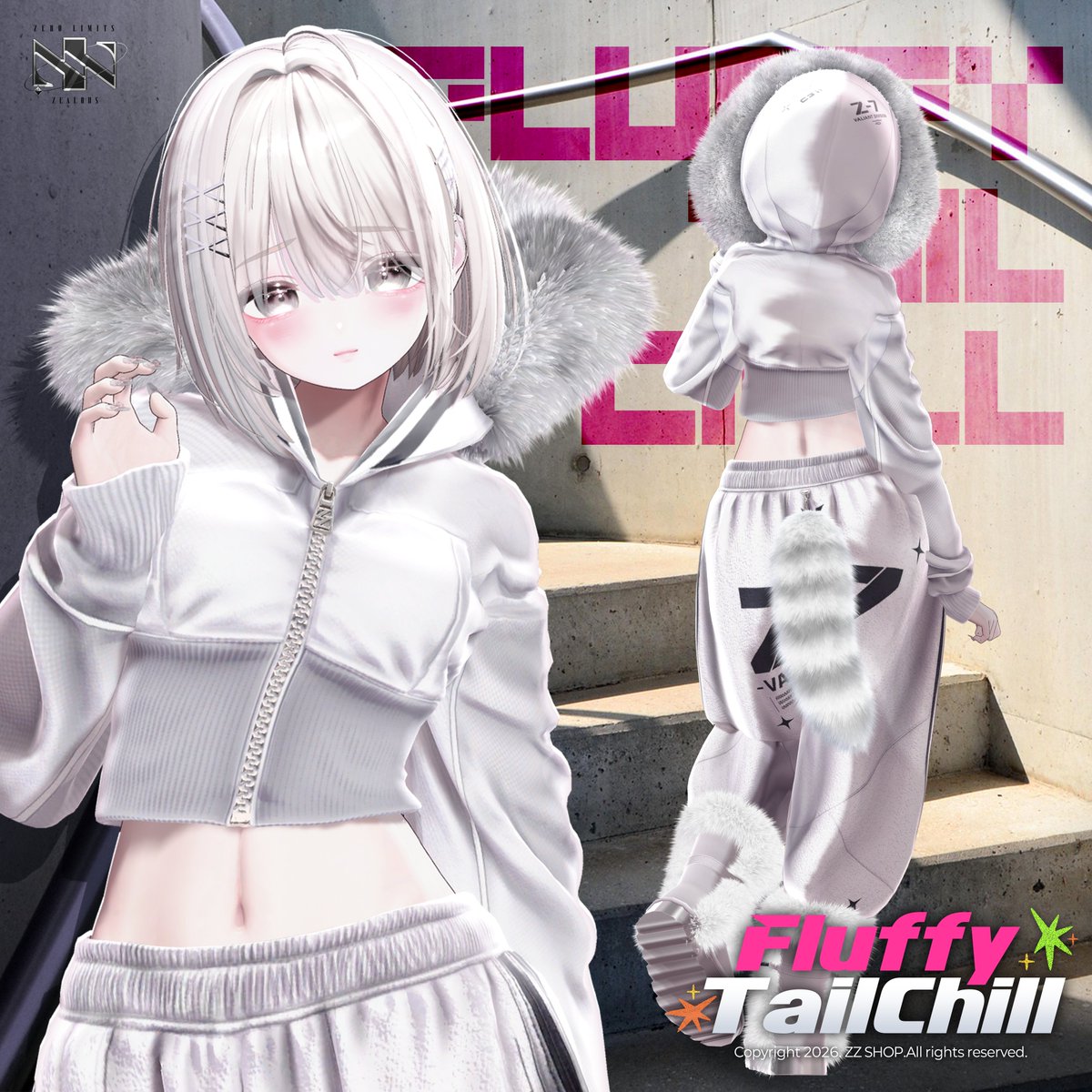 booth_zz_shop's tweet photo. 【RT+Follow】 新作リリース記念！『Fluffy Tail Chill』登場 & SALE中✨https://t.co/Xat4O0cl6e
ふわふわのファー付きクロップドジップアップと、だぼっとしたルーズシルエットのトラックパンツの組み合わせ🤍 ボリューミーなしっぽキーホルダーがアクセントのストリートスタイルです！ @booth_zz_shop 
抽選で5名様にプレゼント🎁 ▫️ 抽選日 : 10月19日 (月) 20:00