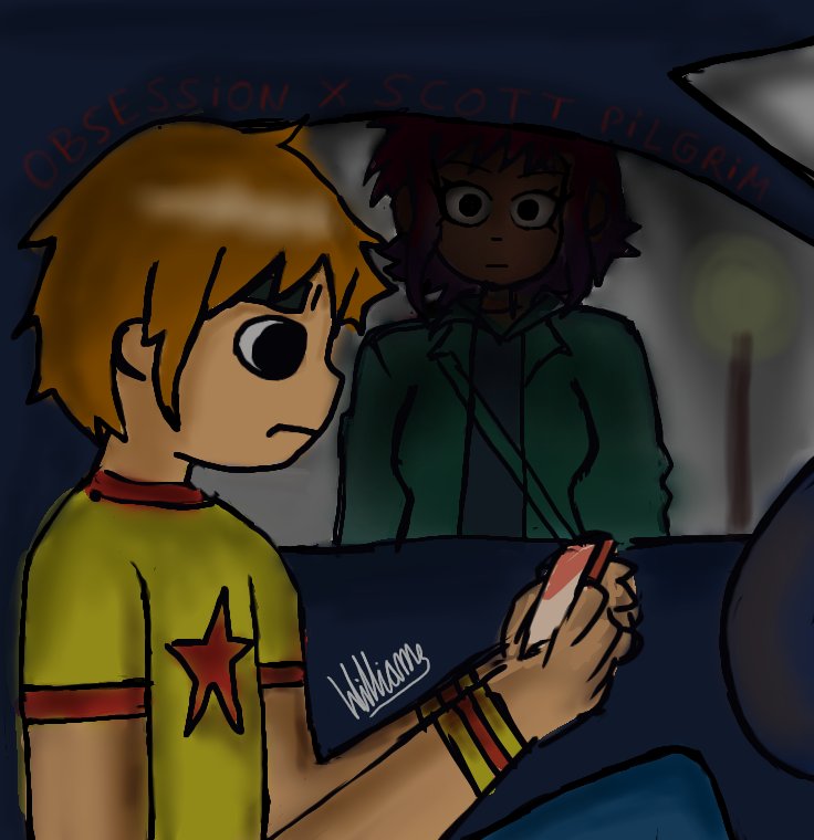 williams_c2515's tweet photo. Día 15 "Obsesión" en este dibujo solo recree un poster de la plei y dibuje a #scottpilgrim y a #RamonaFlowers del anime #Scottpilgrimtakesoff, para decir verdad yo aun no he visto #obsession y tal vez lo vea cuando llegue a streaming. #moontuber #moontuber #películas #terror https://t.co/I8KMMezZhx