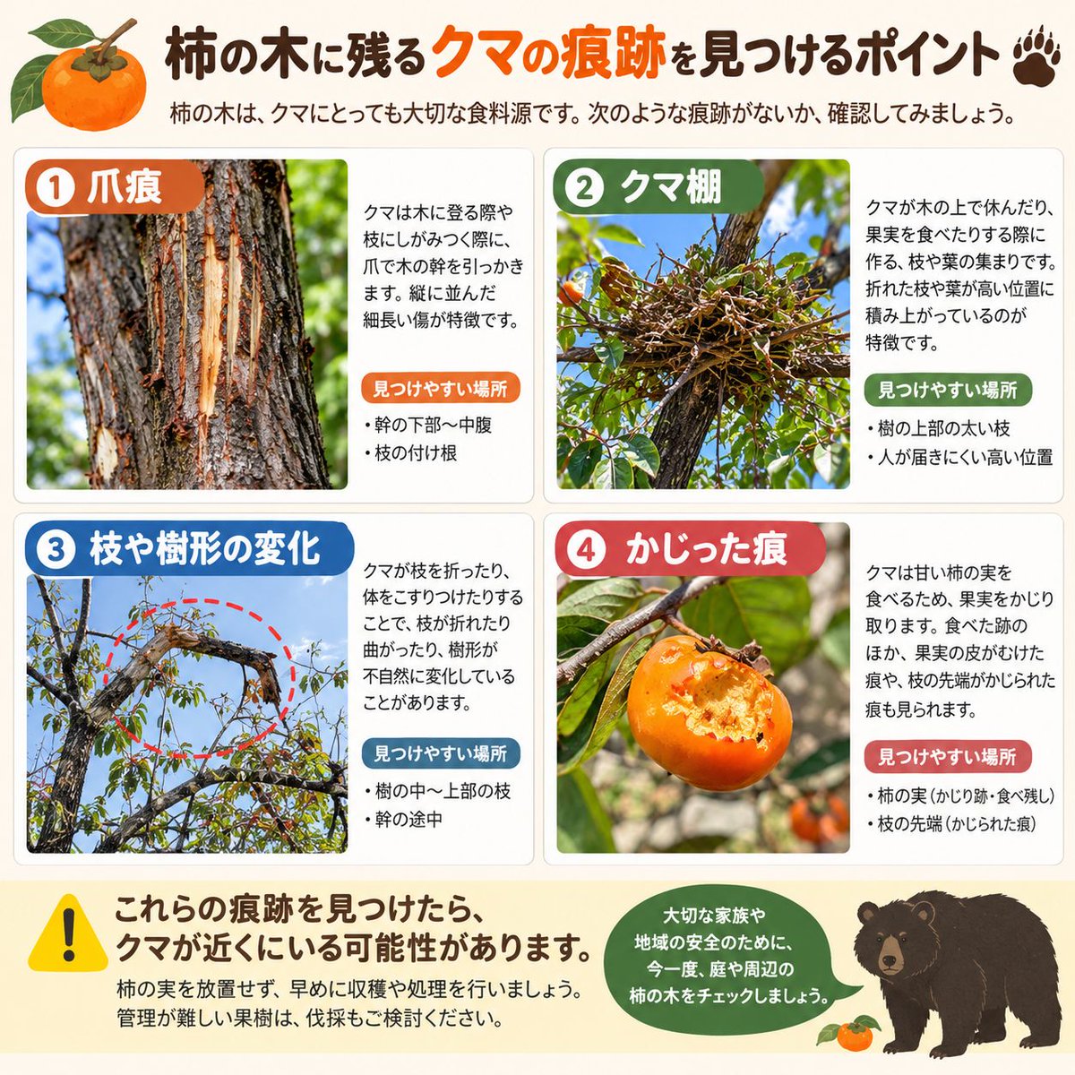 Fujikon_Plus's tweet photo. 熊の痕跡を見つけるポイントです。
周囲に柿の木がある方はくれぐれもお気をつけて...
野口さんがおっしゃっている伐採の判断もとても大事ですね。 https://t.co/iRRqIkrqgd