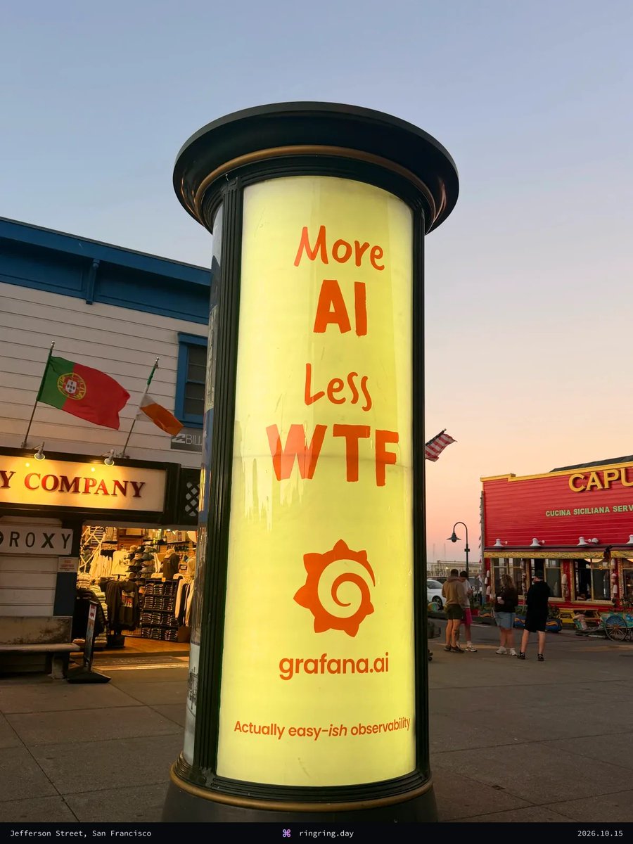 Ringring440hz's tweet photo. Hello 👋 Spotted @grafana on Jefferson Street, San Francisco. A moment in the city. A letter to the future. Leave your mark: https://t.co/Gxq9hZqzj2

#GrafanaAI #Observability #SanFranciscoTech https://t.co/xoi5R5N29a