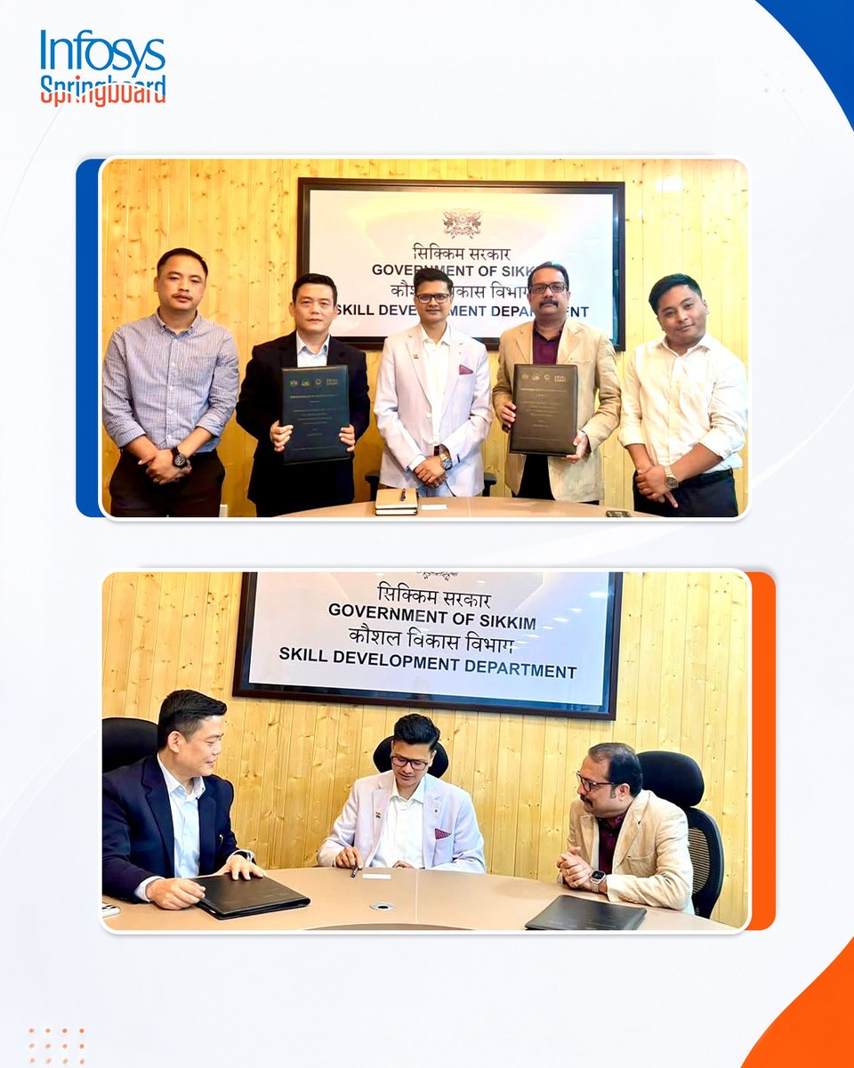 InfySpringboard's tweet photo. We are delighted to share that, on 7 October 2026, the Skill Development Department, Government of Sikkim, through DCTSE, signed an MoU with Infosys Springboard under the Sikkim INSPIRES initiative.

#InfosysSpringboard #SikkimINSPIRES #SkillDevelopment https://t.co/HMf71E12lN