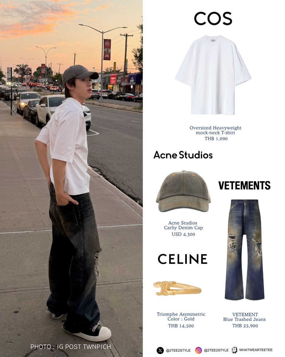2TEE2STYLE's tweet photo. ‧₊˚ 2TEE2STYLE | #whatwearTeeTee 🐶👕
LOOK FOR  — IG  #twnpich

#COS
Oversized Heavyweight mock-neck T-shirt

#AcneStudios
Carliy Denim Cap

#CELINE
Triomphe Asymmetric
Color : Gold

#VETEMENT
Blue Trashed Jeans