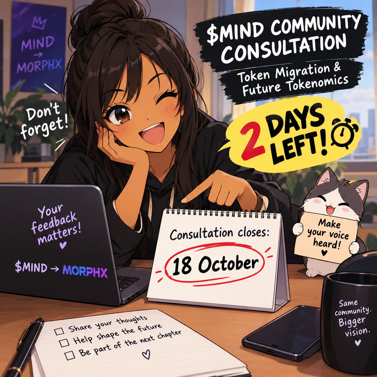 _DigitalMuse's tweet photo. ⏳2 DAYS LEFT!

📣The @morpheuslabs_io Community Consultation closes on Oct 18th!

Your feedback matters in shaping the $MIND →#MORPHX migration, tokenomics, buyback &amp; burn, &amp; future ecosystem.

📝Share your thoughts before the deadline https://t.co/ELJrhlpD1d

💬Don't miss out! https://t.co/aRwycdMDO8