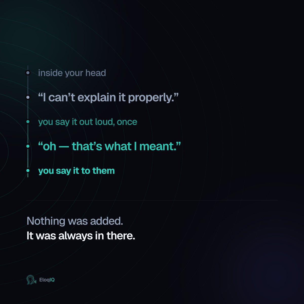 EloqIQ's tweet photo. “I’m not good at explaining things” is almost never a confidence problem.

It’s a first-draft problem.

Nobody should have to spend theirs on the person who matters. https://t.co/tDxfJ4lff2