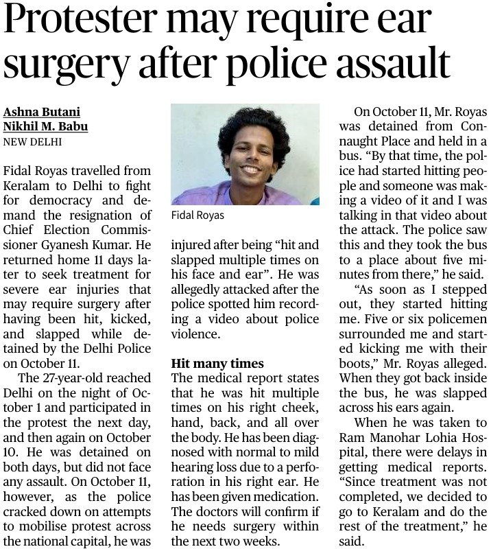 MABABYCPIM's tweet photo. Under Amit Shah, the police in the national capital are inflicting physical and mental trauma at an alarming level on brave student and youth protesters who are risking their safety to defend our democracy. On 12 October, the CPI(M) had held a press conference at which many victims of police brutality shared first-hand accounts of police actions during the protest demonstrations in Delhi. Fidal Royas was one of them. The doctors are now saying that he may require ear surgery.

Many others have also reported that the police are targeting people, even bystanders, who document police violence. Father Biju Xavier, the vicar of Sacred Heart Cathedral Church, was detained by the police for recording such an incident. Rajya Sabha MP John Brittas was addressing the media on police action when he was dragged and shoved into a police bus, and later assaulted inside it.

The actions of the Delhi Police and Central Armed Police Forces are unlawful. There is a chain of command that has resulted in the impunity shown by police personnel. The rule of law requires that this be investigated and that all those responsible for these actions be held accountable and punished. But does the rule of law operate in Delhi today?