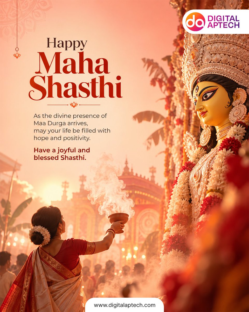 DigitalApTech's tweet photo. The festive spirit of Durga Puja is here, bringing new hope, joy, and togetherness. May Maa Durga bless you and your loved ones with positivity and happiness.
Digital Aptech wishes everyone a joyful and blessed Maha Shasthi!
#DigitalAptech #MahaShasthi #DurgaPuja #FestiveWishes https://t.co/FGKJHsaXaq