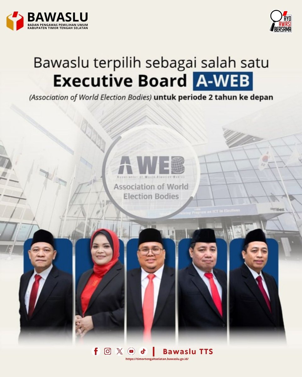 BawasluTts's tweet photo. #sahabatbawaslu 

A-WEB adalah organisasi internasional yang menghimpun penyelenggara pemilu dari berbagai negara. Hadirnya Bawaslu menjadi langkah membanggakan untuk menjadi praktik baik pengawasan pemilu Indonesia kepada dunia 🌏✨

#AWEB
#WorldElection https://t.co/vIWmESOq7Q