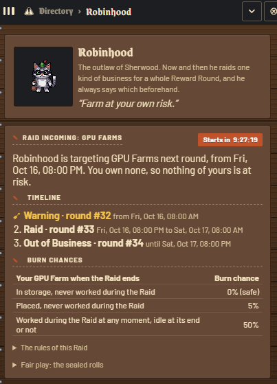 dadaazer0's tweet photo. This is it guys, Robinhood is targeting GPU Farms next raid! 🏹
I’ve been waiting for this one!

If GPU Farms go out of business during the raid round, what stock token gets distributed for the GPU pool share instead? 🤔
Goodluck to all players of @pawsofsherwood ~! https://t.co/BREhEHhQ0F