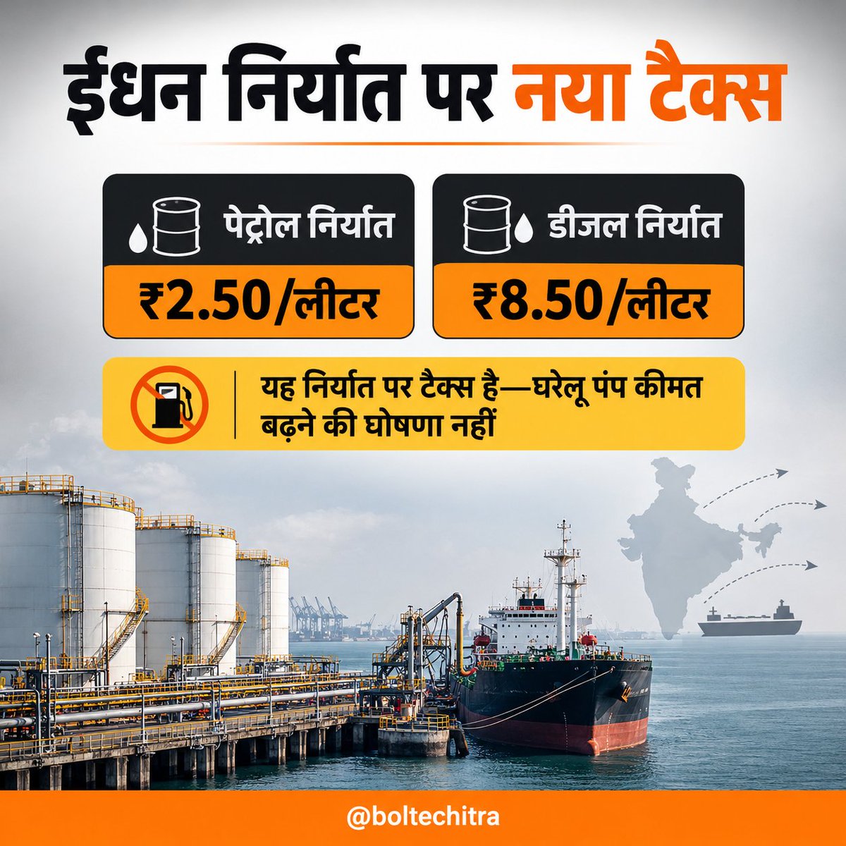 BolteChitra's tweet photo. भारत में ईंधन निर्यात पर नया टैक्स:

⛽ पेट्रोल निर्यात: ₹2.50/लीटर
⛽ डीजल निर्यात: ₹8.50/लीटर

यह निर्यात पर लगाया गया टैक्स है—घरेलू पेट्रोल पंप की कीमत बढ़ने की स्वतः घोषणा नहीं।

क्या इसका असर भारतीय उपभोक्ताओं पर पड़ेगा?

#BolteChitra #FuelTax #gm https://t.co/9AJNLjPaQo