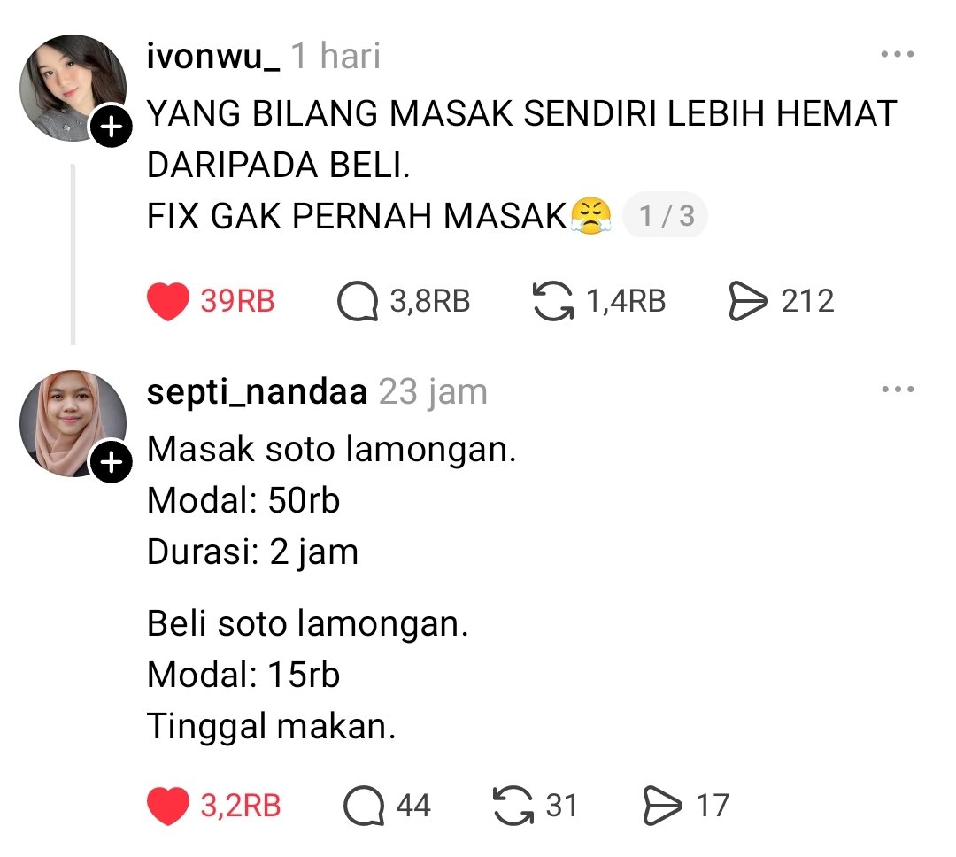 alayy's tweet photo. ini benar adanya, Ibu ku aja sekarang udah males masak karena apa" mahal dan masih harus cape buatnya buang waktu jadi lebih milih beli tinggal makan. jadi kalau ada yang bilang masak sendiri lebih hemat itu anehhh banget, waktu dan tenaga juga dihitung boros https://t.co/mWZEjA2ZL3