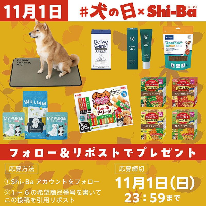 ShiBa2929's tweet photo. #犬の日 にちなんで
＃プレゼント #キャンペーン 開催！

⬇️応募方法
①Shi-Baアカウント(＠ShiBa2929 )をフォロー
②希望商品番号を書いて、この投稿を引用RP

⬇️締切
2026年11月1日(日)23:59
当選者には後日DMでご連絡🐕

⬇️商品の詳細は下記URLまたはツリーから
https://t.co/23OO9xFqGR https://t.co/rw7qCNZg2Y
