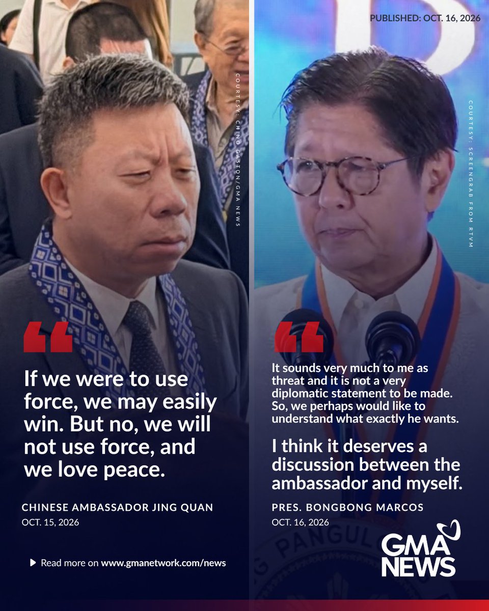 gmanews's tweet photo. 'IT SOUNDS VERY MUCH TO ME AS A THREAT'

President Ferdinand "Bongbong" Marcos Jr. said that Chinese Ambassador Jing Quan's statement that China could "easily win" if they use force could be perceived as a threat and that he will summon the ambassador over his remarks. 

READ: https://t.co/34GgtlmC6f