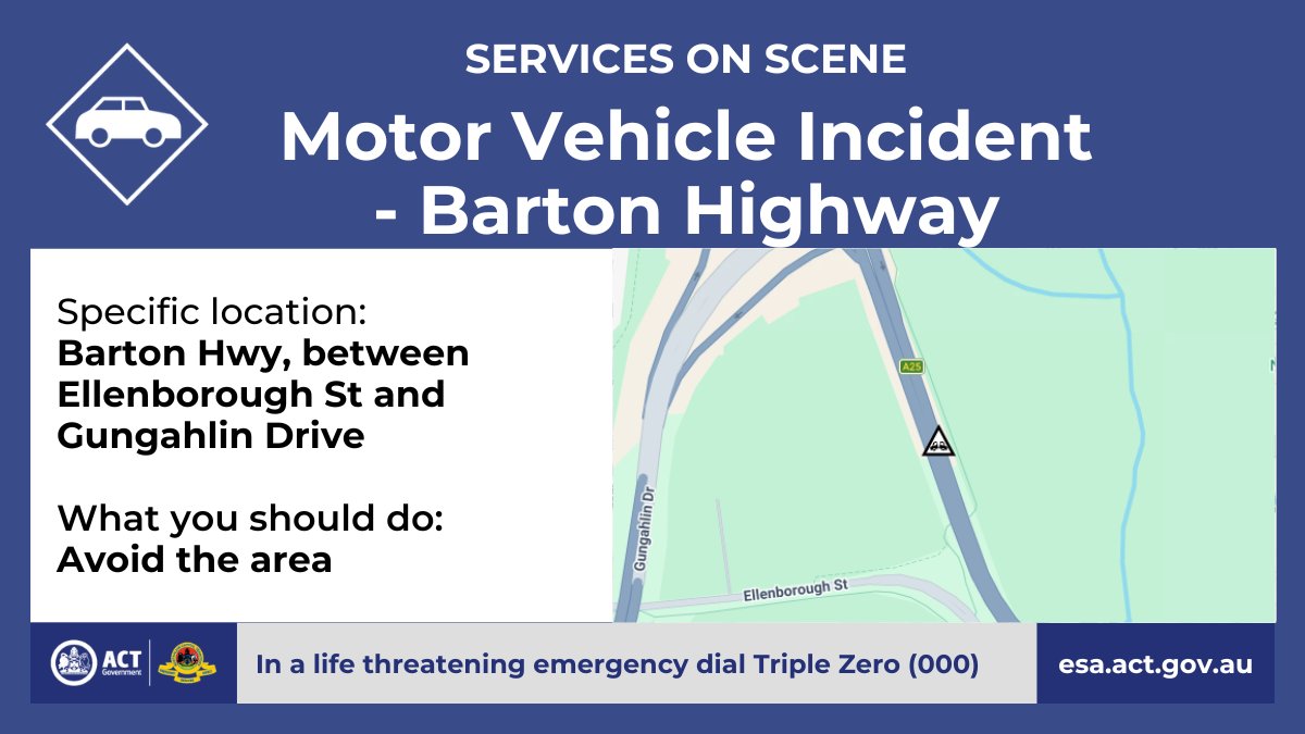 ACT_ESA's tweet photo. Motor vehicle incident - Barton Highway

There has been a motor vehicle incident on the Barton Highway between Ellenborough Street and Gungahlin Drive in Mitchell. 
 
https://t.co/AVPwpjU2Nq https://t.co/l83lpBfMW9