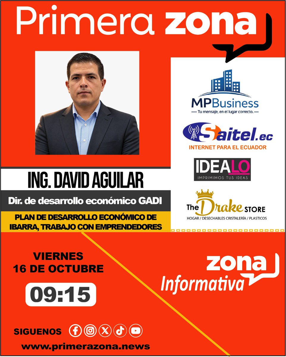 primera_zona's tweet photo. #Atención #Ibarra || Este viernes 16 de octubre en #ZonaInformativa, nuestro invitado, el Ing. David Aguilar, Director de desarrollo económico del Gad-I

Tema: Plan de desarrollo económico de Ibarra, trabajo con emprendedores.
#trabajo  #GAD  #Noticiero #Invitado  #economico https://t.co/ClJMrnQtDr