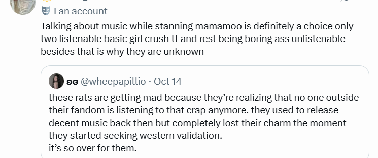 choco_saja's tweet photo. Out of everything to say in this world, how are you using Mamamoo's discography as an insult? 😭

Ppl are tripping over themselves to release the songs Mamamoo have, doing numerous covers, trying to replicate the charm but they just can't get the grp chemistry &amp; harmony right. https://t.co/AharX53F7s