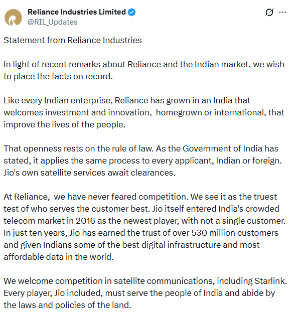 TimesNow's tweet photo. Starlink Row 

Reliance Industries Limited (@RIL_Updates): "...We welcome competition in satellite communications, including Starlink. Every player, Jio included, must serve the people of India and abide by the laws and policies of the land." https://t.co/C5lSYRWmKL