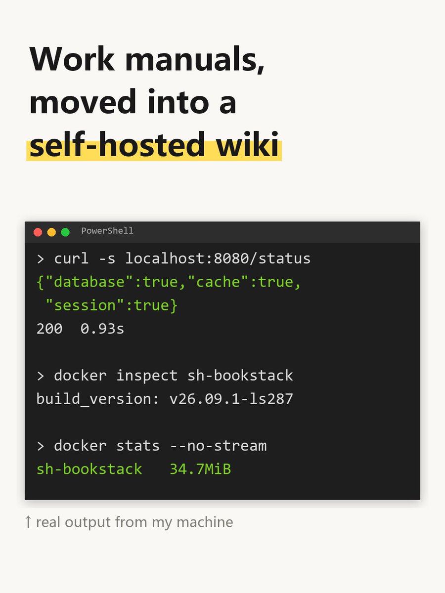 Edgar_cui1's tweet photo. Work manuals end up everywhere: a Word file, a PDF, someone's chat history. When that person leaves, the know-how leaves too.

I put mine in BookStack, a self-hosted wiki: shelves, books, chapters, pages. Full-text search, every edit versioned. https://t.co/w7coA4kvwt