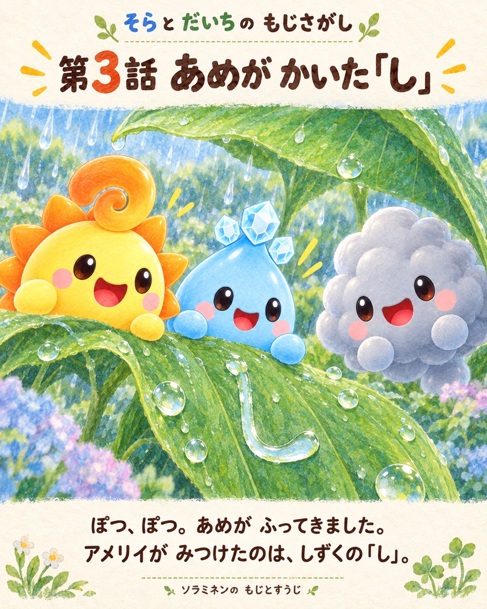 solarminence's tweet photo. もじさがし 第3話】
ぽつ、ぽつ。雨の日にも、発見がいっぱい。葉っぱをつたうしずくに、アメリイが「し」を見つけました。

#ソラミネン #もじさがし https://t.co/0RhzwJM8sy