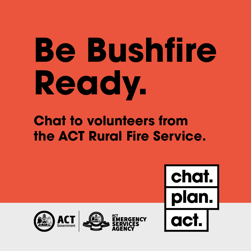 ACT_ESA's tweet photo. 🔥 Bushfire season is here. Are you prepared? 
 
A few simple steps now can make a big difference this bushfire season. Come along to a Preparedness Pop-Up and learn how to prepare your home, make an emergency plan and understand your local bushfire risk. 
 
Events happening soon 📆 
 
📍 Saturday, 17 October, 12:00 – 1:00 pm– Banks Oval  
📍 Saturday, 17 October, 11:00 am – 1.00 pm Kippax Shops 
📍 Saturday, 24 October, 10:00 am – 2:00 pm – Covenant College School Fair 
📍 Saturday, 24 October, 11:00 am – 1.00 pm Links @ Ginninderry 
 
Visit https://t.co/Le3EtAdoDT for the full list of dates.