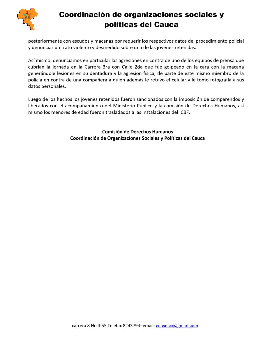 RedVidaDHCauca's tweet photo. 📄 Boletín 01 de #DDHH | #14OCT26 | Coordinación de Organizaciones Sociales, Étnicas, Sindicales y Populares

DENUNCIAMOS REPRESIÓN DESPROPORCIONADA, RETENCIONES Y AGRESIONES DE PARTE DE LA POLICÍA CONTRA JÓVENES QUE PARTICIPARON EN LA JORNADA NACIONAL DE MOVILIZACIÓN EN #POPAYÁN https://t.co/yoz7HzxpJp