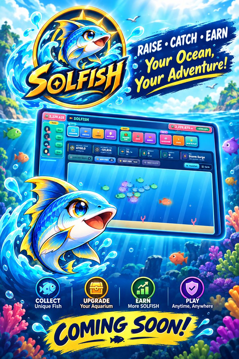 solfishofficial's tweet photo. 🐟🌊 Meet SOLFISH!🌊🐟

🐠 Collect rare fish
🏝️ Build your aquarium
💰 Grow your earnings
✨ Your Ocean. Your Adventure.
🚀 COMING SOON!

Follow us for updates! 💙

#SOLFISH #Gaming #ComingSoon https://t.co/V4ci01qDeE