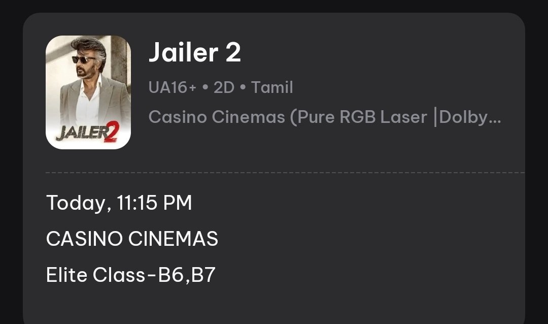 02goks's tweet photo. Selling 2 tickets for #Jailer2 at Casino Theatre, Chennai.

Date: 16 Oct (Today)
Show: 11:15 PM
Price: Same as online booking price.

Interested? DM me.

Please RT to help reach someone who needs them.

#Chennai #Jailer2 #superstar #Anirudh #Jailer2Records 4 https://t.co/OMUZhnEMz6