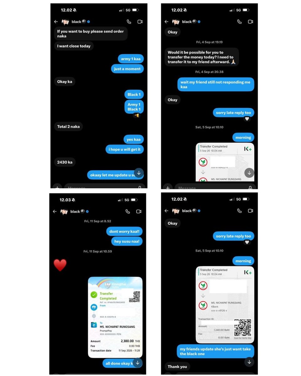Libra_VOS's tweet photo. 🚨 SCAMMER ALERT 🚨
Account: @callmeblackss
Name: Nichapat Rungsang

#ตลาดนัดgmmtv #ตลาดนัดแจนจิงจิง #Janjingjing

I purchased several GMMTV and artist items from this person, totaling 18,860 THB.

Some items were supposedly shipped to my address, but the tracking numbers provided cannot be tracked. Other items were supposed to be meet up at Fanival, but she failed to show up.

I'm sharing this as a warning to raise awareness and help others avoid experiencing the same issue. Please be cautious when dealing with this account and always verify your transactions.

Based on my own investigation, there may have been similar cases involving this person before. If you have experienced a similar situation or have relevant information, please feel free to DM me.