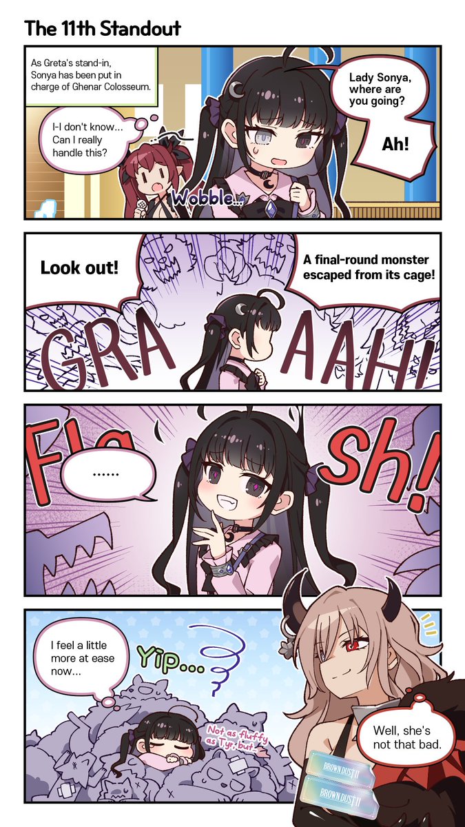 BROWNDUST2_EN's tweet photo. 📕BrownDust2 4-Panel Comics -【The 11th Standout】

Sonya looked so nervous and wobbly that we got worried, but a single glance was all it took to turn the tables✨

Written by @totonemigi 

#BrownDust2 #Comics https://t.co/e3zm7QNioT