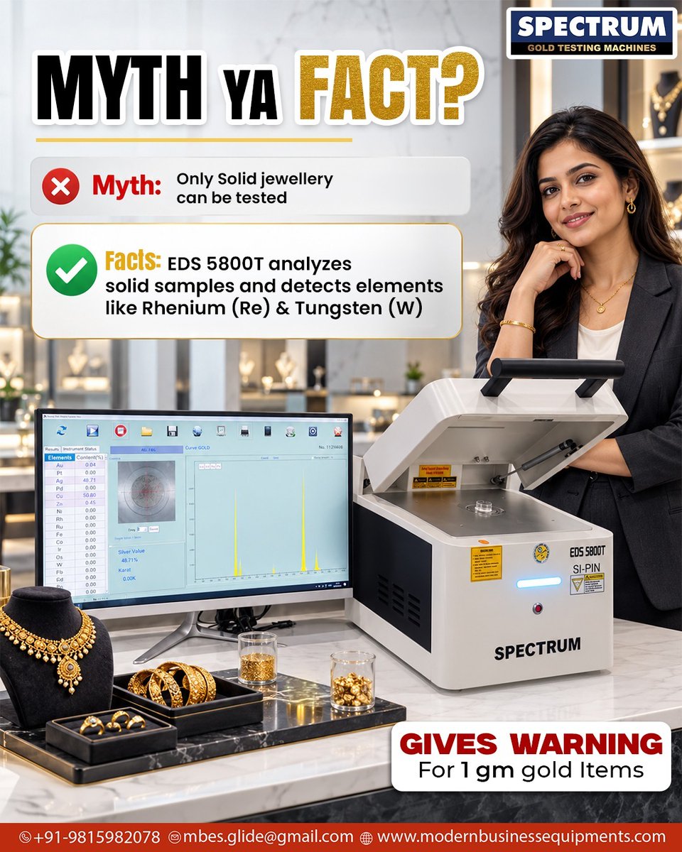 SpectrumXrf's tweet photo. Think it’s a myth?  Discover how the EDS 5800T Gold Testing Machine analyzes solid samples and detects elements like Rhenium &amp; Tungsten! 
Get accurate insights into gold testing with advanced technology .

🌐 https://t.co/0IowwChu2x

#GoldTestingMachine #GoldAnalyzer #Spectrum https://t.co/ugCrAb3ghm