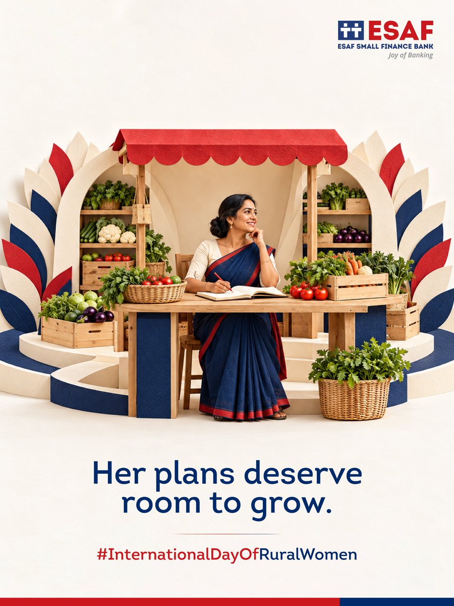 ESAFBank's tweet photo. Her work builds livelihoods. Her dreams inspire communities.

This International Day of Rural Women, we celebrate the women driving rural India forward. At ESAF Small Finance Bank, we believe every woman deserves the opportunity to achieve financial independence. https://t.co/60aZqeT0KV