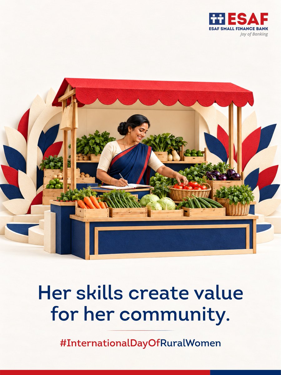 ESAFBank's tweet photo. Her work builds livelihoods. Her dreams inspire communities.

This International Day of Rural Women, we celebrate the women driving rural India forward. At ESAF Small Finance Bank, we believe every woman deserves the opportunity to achieve financial independence. https://t.co/60aZqeT0KV