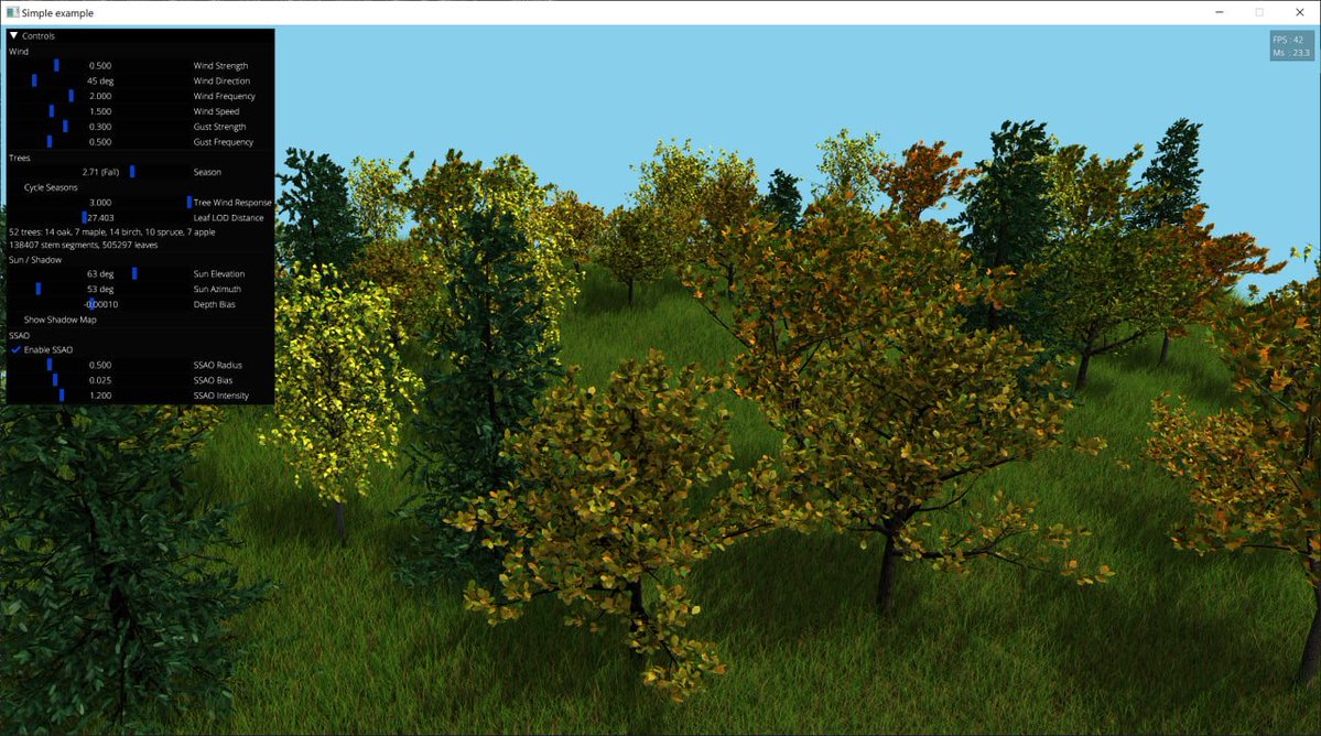 CorporateShark's tweet photo. I have a separate repo where Claude and AI agents can run wild with minimal supervision. 🌳 Vibe-coded a demo with Weber–Penn trees, Bezier leaves, procedural bark, changing seasons, and wind animation.
https://t.co/NdPl6BHahB https://t.co/a3S3e71E5i