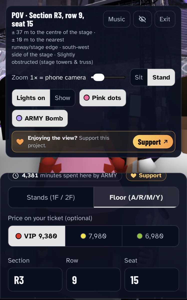 meanyoongi0309's tweet photo. This army made a virtual simulation where you can see your seat view for BTS Arirang tour Asia leg, you can type in your section and row: 

Taiwan  https://t.co/wKQErcl1tL

Bangkok https://t.co/zQE1lrju5g

Singapore https://t.co/x2xGufaszR

Malaysia https://t.co/3ELUM5ZOQX

Indonesia https://t.co/DVz8ETd7xD