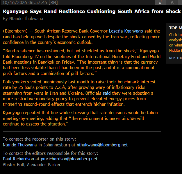 jc_louw's tweet photo. SA’S LESETJA KGANYAGO SPEAKS ON BLOOMBERG TV

*SA BOND YIELDS RISING DUE TO GLOBAL TIDE HIGHER
*SA BOND YIELDS STRONGLY CORRELATED WITH THE US
*TERMS OF TRADE STILL IN SA’S FAVOR, AIDING RAND
*RAND HAS CUSHIONED BUT NOT SHIELDED US FROM SHOCK
*SAYS MONETARY POLICY MILDLY RESTRICTIVE AND @SAReserveBank  EXPECTS CPI TO DECLINE NEXT YEAR
*WILL TAKE POLICY DECISIONS MEETING BY MEETING

(BLOOMBERG)