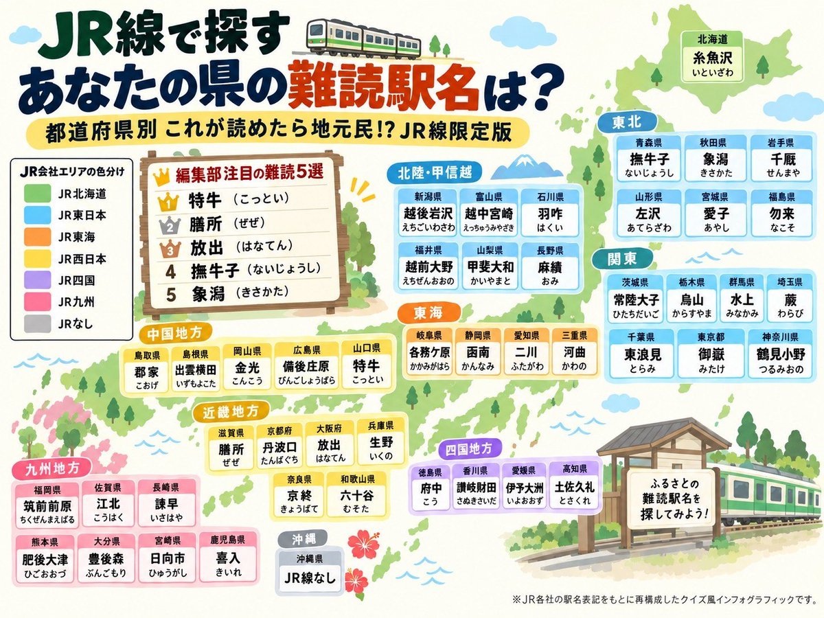 bkcusb's tweet photo. 「47都道府県」難読駅名

地元民しか読めない駅名 https://t.co/nqg3vSmNsj