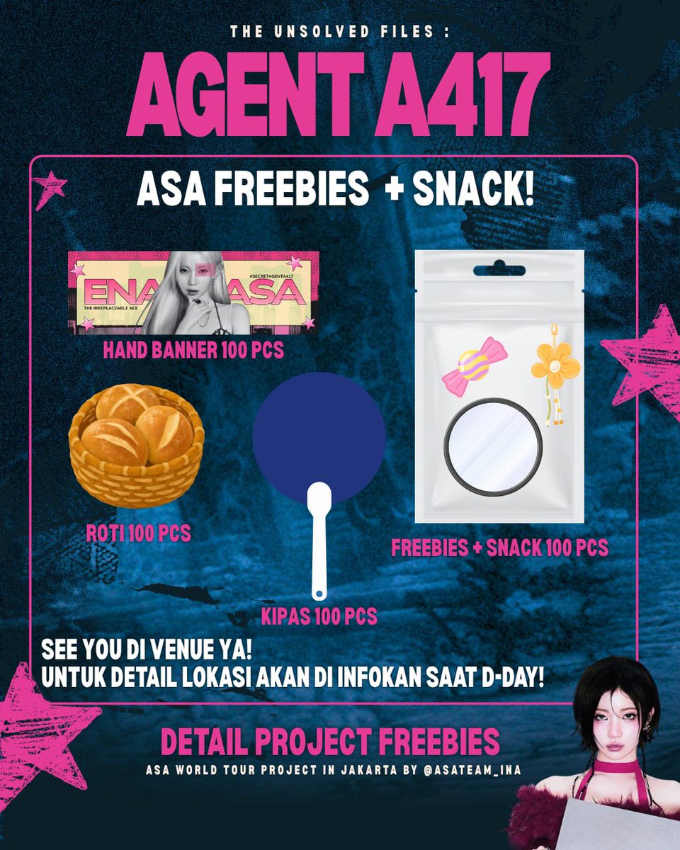 ASATEAM_INA's tweet photo. 🕵🏻 SECRET AGENT A417 3rd Project : FREEBIES &amp; SNACK! 

✨ASA FREEBIES &amp; SNACK for BABYMONSTER CHOOM IN JAKARTA✨

Limited quantity!Ada freebies&amp;snack buat MONSTIEZ&amp;ENAMORS yg say hi sama MinSa nanti!lebih detail besok ya

베이비몬스터 아사 #ASA #ENAMIASA #아사 #アサ #BABYMONSTER https://t.co/6TRlAmiOJs