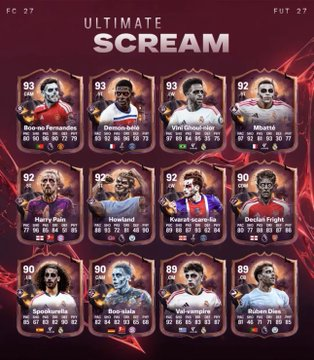 MmoexpService's tweet photo. 🎃🚨 Ultimate Scream could arrive in FC 27 on October 23! 👀
Rumored upgrades include:
🌕 Permanent Role upgrades
⚡ Temporary 99 stat boosts
🔥 Extra position upgrades later on
Who do you want to see in Ultimate Scream? 👇
#FC27 #EAFC27 #UltimateScream #FUT27 https://t.co/4yIwdJNrfl