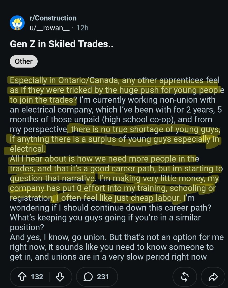 ShaziGoalie's tweet photo. Remember all those ads in high schools pushing young Canadians into skilled trades? We were told there was a massive shortage and endless opportunities.

Now young apprentices in Ontario are speaking out about low wages, lack of training and struggling to find opportunities.

Were we sold another false promise?