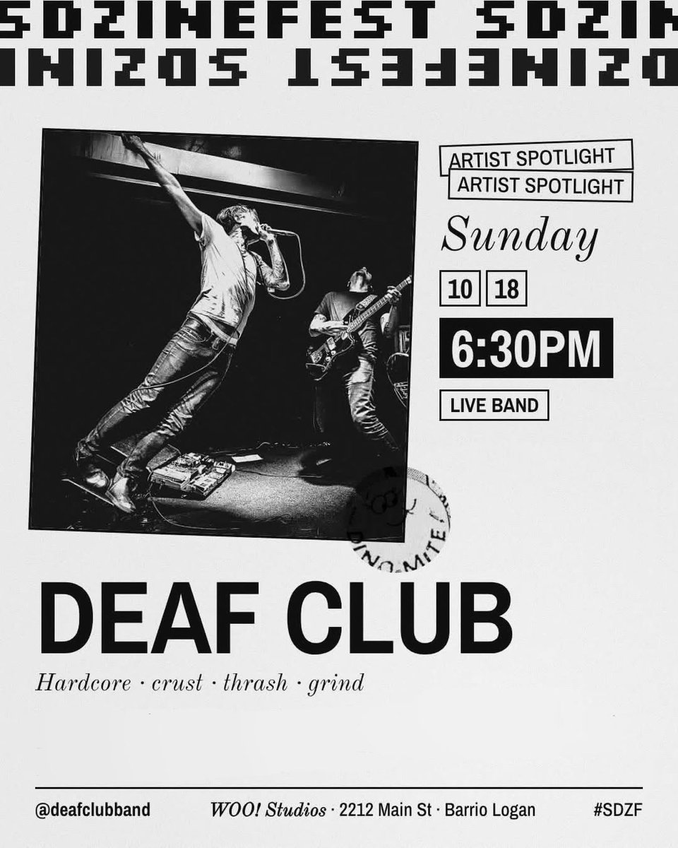 ThreeOneG's tweet photo. Sunday 10.18 at SDZF SAN DIEGO ZINE FEST 2026 Music lineup -
4:45PM Bobby Bray of The Locust
5PM silica sun Silica Sun
5:30PM glitch love glitch_love_
6PM the gay agenda The Gay Agenda
6:30PM deaf club Deaf Club
WOO! Studios 2212 Main St Barrio Logan
FREE + ALL AGES https://t.co/V8g8H441ti
